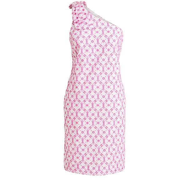 J. Crew Eyelet One-shoulder Mini Dress pink white cotton lined embroidered 6 - Picture 2 of 10